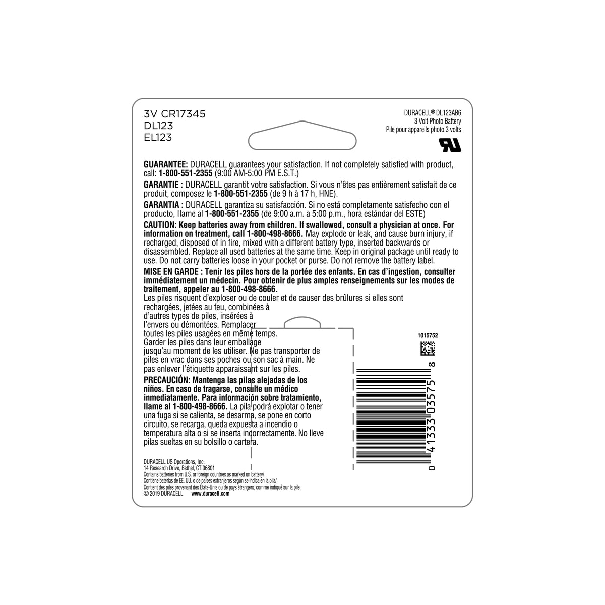 Duracell CR123A 3V Lithium Battery, 6 Count, 10-Year Storage, Long-Lasting