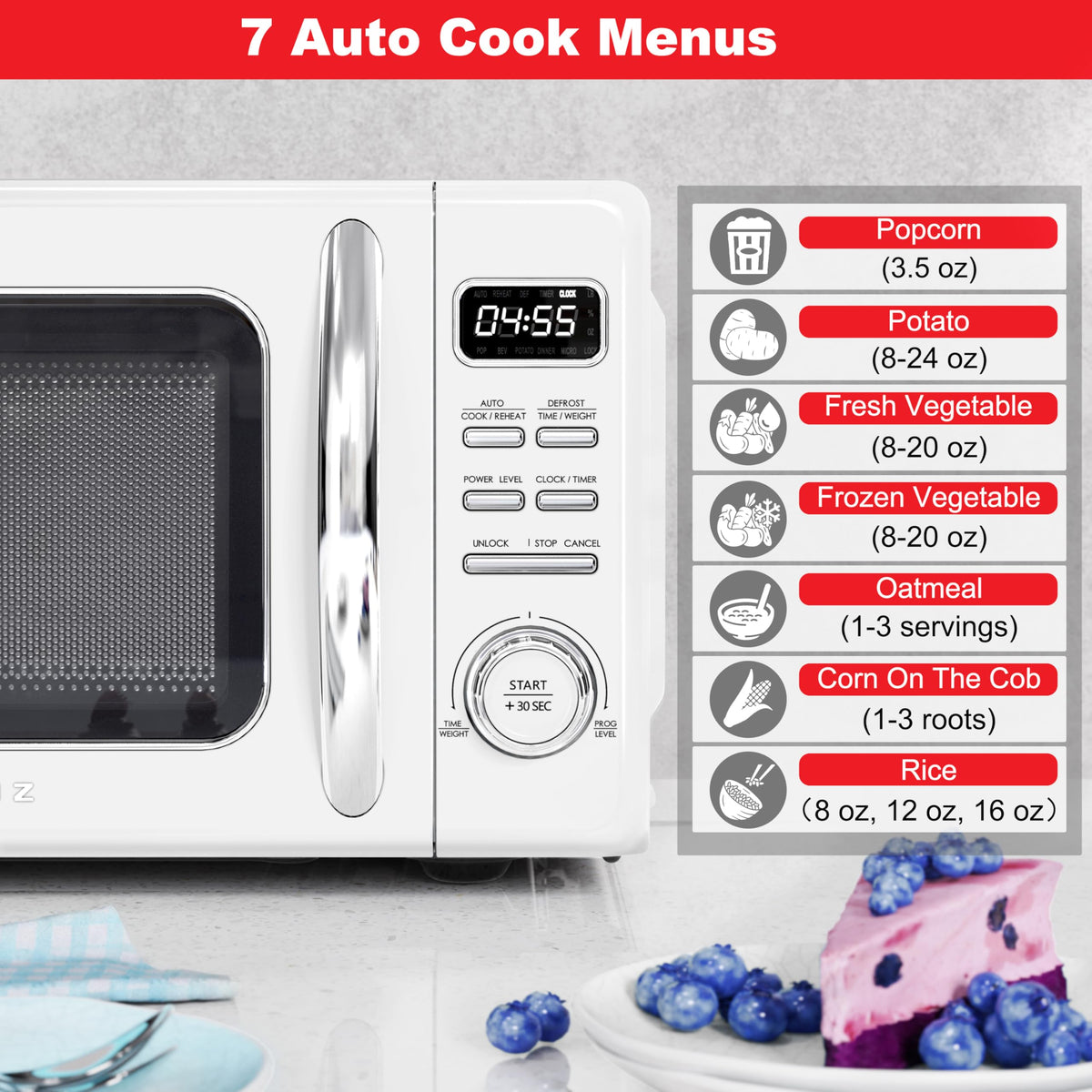 Galanz GLCMKZ07WER07 Retro Countertop Microwave Oven with Auto Cook & Reheat, Defrost, Quick Start Functions, Easy Clean with Glass Turntable, Pull Handle,0.7 cu ft, White