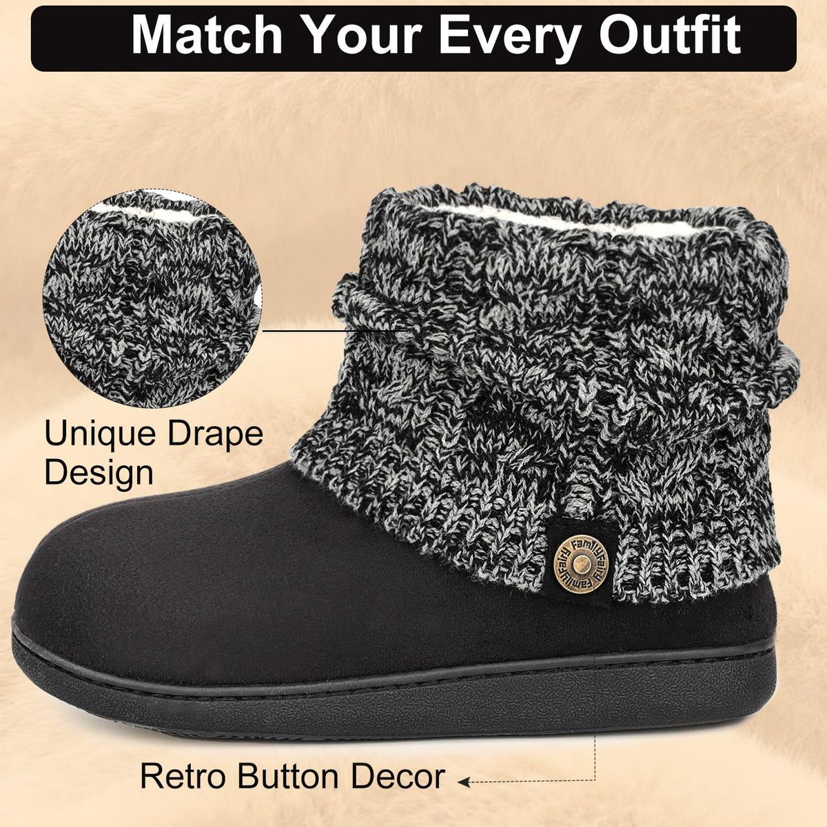 FamilyFairy Women's Bootie Slippers Warm Winter Boots Black, 9-10 🍁 All In One Marketplace Canada