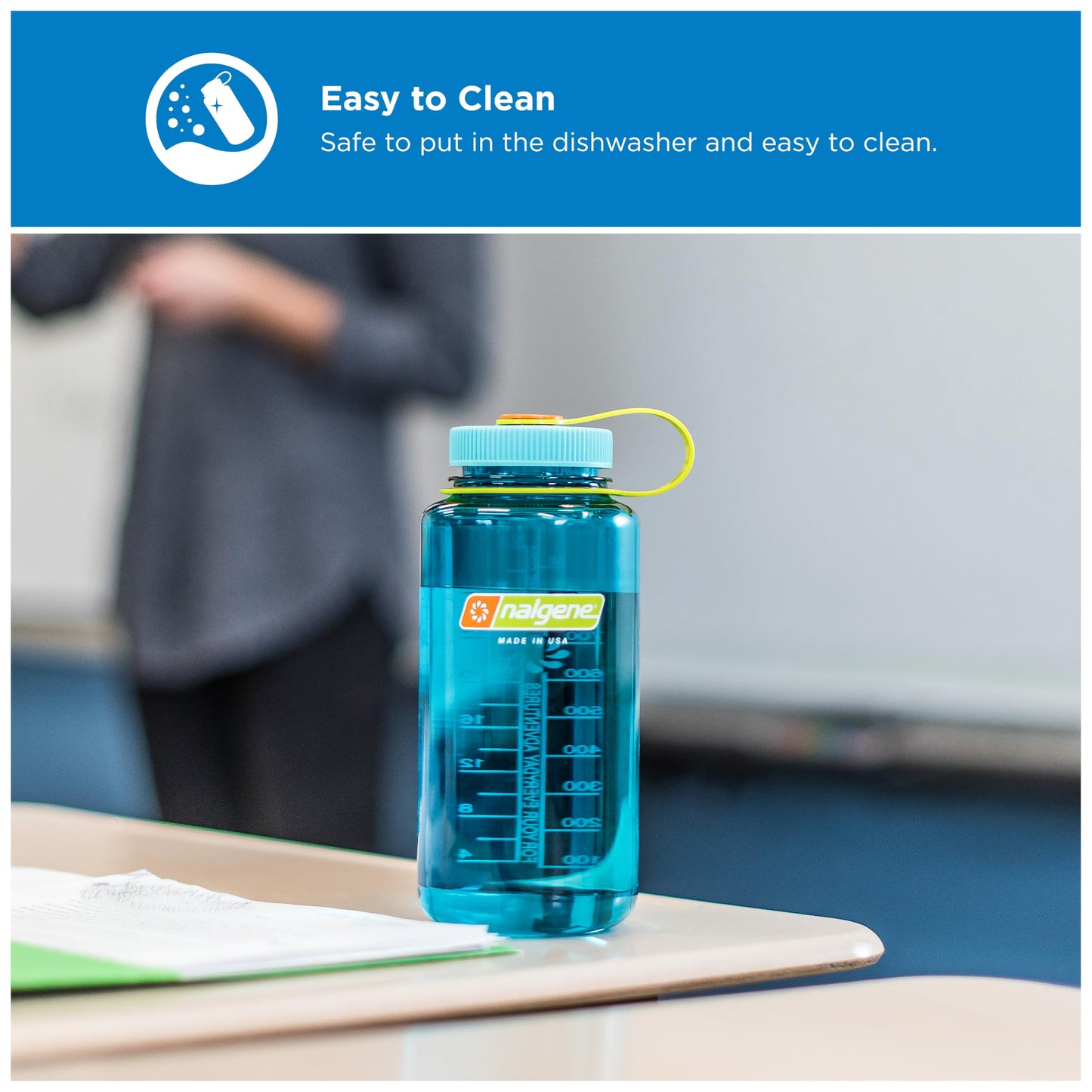 Nalgene 32 oz Wide Mouth Water Bottle BPA-Free, Durable & Leak Proof, Lightweight Bottle for Hiking & Gym, Work & Travel, Cerulean