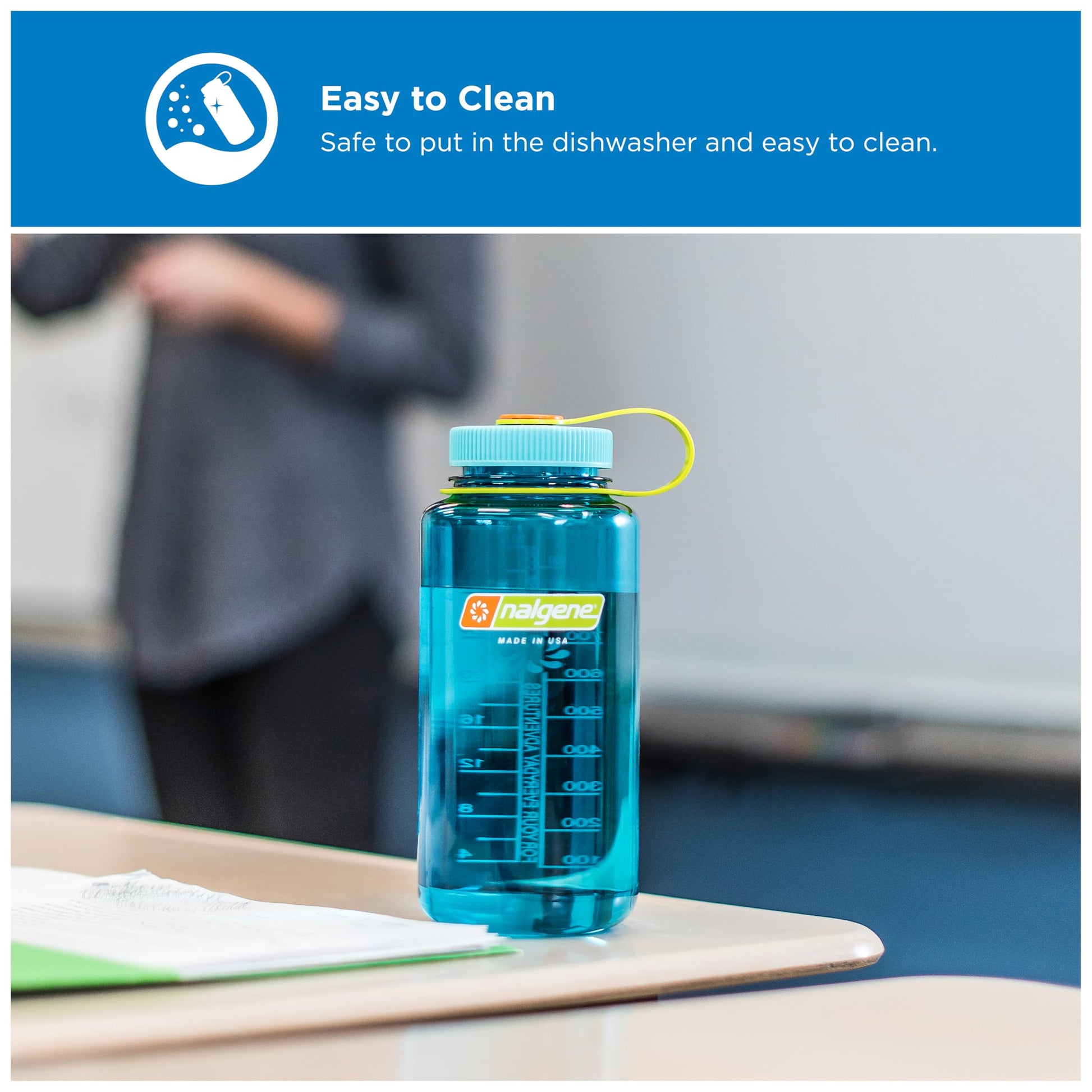 Nalgene 32 oz Wide Mouth Water Bottle BPA-Free, Durable & Leak Proof, Lightweight Bottle for Hiking & Gym, Work & Travel, Cerulean