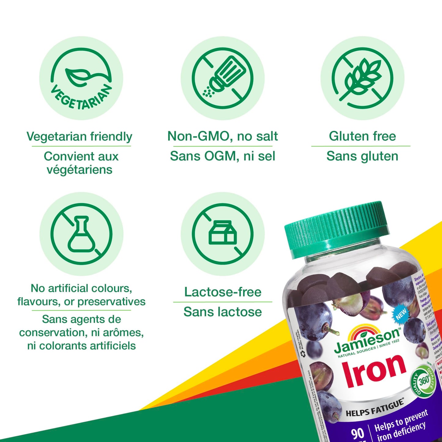 Jamieson Iron Gummies Grape Flavour, 90 Gummies, Supports Overall Health, Helps with Fatigue, Prevents Deficiency and Anemia. Vegetarian, Non-GMO, No Artificial Colours, Flavours or Preservatives