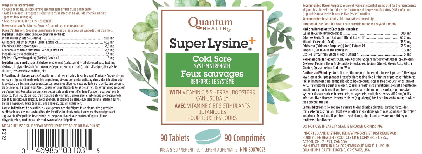 Quantum Health Super Lysine+ Cold Sore 90 Tablets 45-Day Supply, Daily Lysine Supplement, Vitamin C, Echinacea, Licorice, Propolis & Odorless Garlic for Collagen Support, Healthy Lips & Immune Balance Quantum