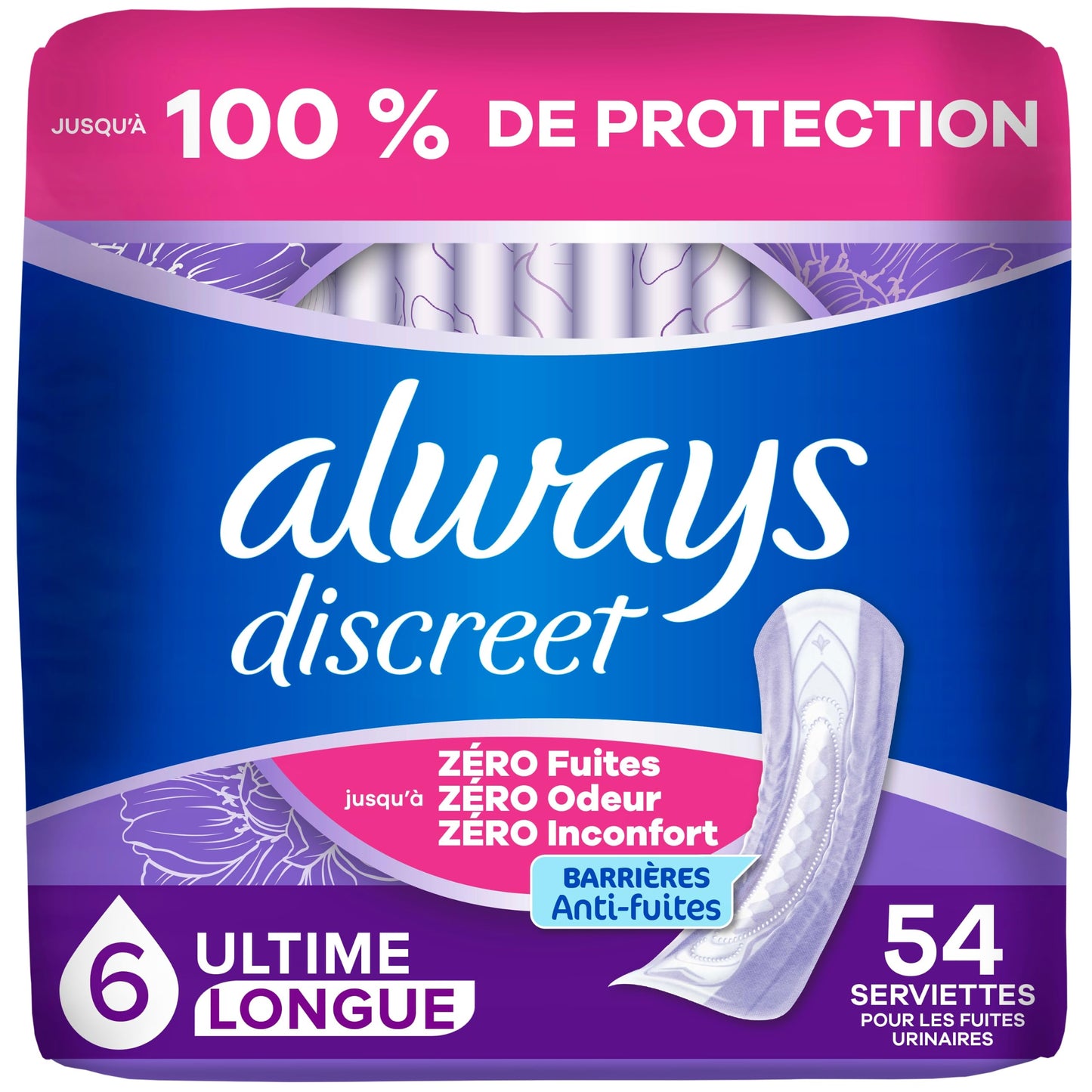 Always Discreet Adult Incontinence Pads for Women, Ultimate Absorbency, Long Length, Postpartum Pads, 54 Count