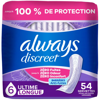 Always Discreet Adult Incontinence Pads for Women, Ultimate Absorbency, Long Length, Postpartum Pads, 54 Count