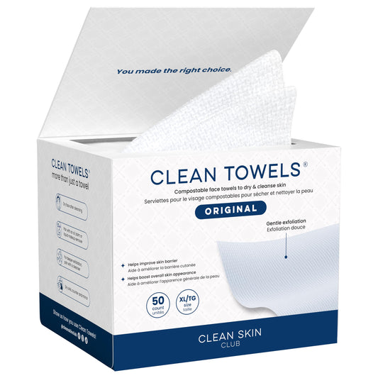 Clean Skin Club Clean Towels XL®, 100% USDA Biobased Face Towel, Disposable Face Towelette, Eczema Association Accepted, Makeup Remover Dry Wipes, Ultra Soft, 1 Pack, 50 Ct