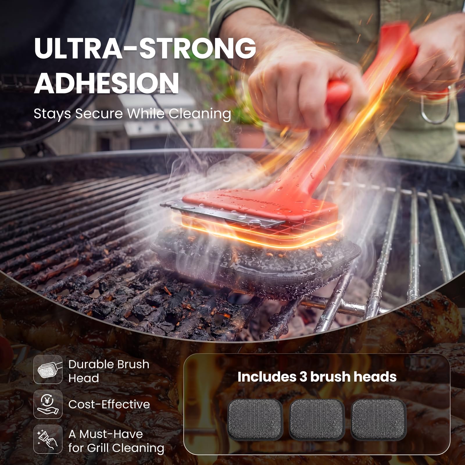 ThermoMaven BBQ Grill Brush Bristle Free - 17" Safe Steam Grill Cleaner Brush with Scraper and 3 Brush Heads for Porcelain/Gas/Charcoal Grill Outdoor Grill Barbecue Cleaner - Available at All In One Marketplace Canada