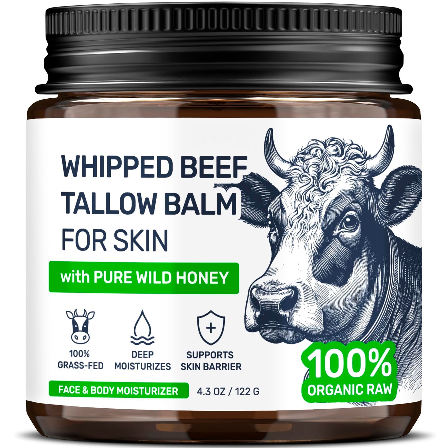 Beef Tallow Face Cream – Grass Fed Whipped Tallow and Honey Balm for Skin, Body Moisturizer with Beeswax and Wild Honey, 3-Ingredient Fragrance Free Non Comedogenic Skincare for Dry Sensitive Skin