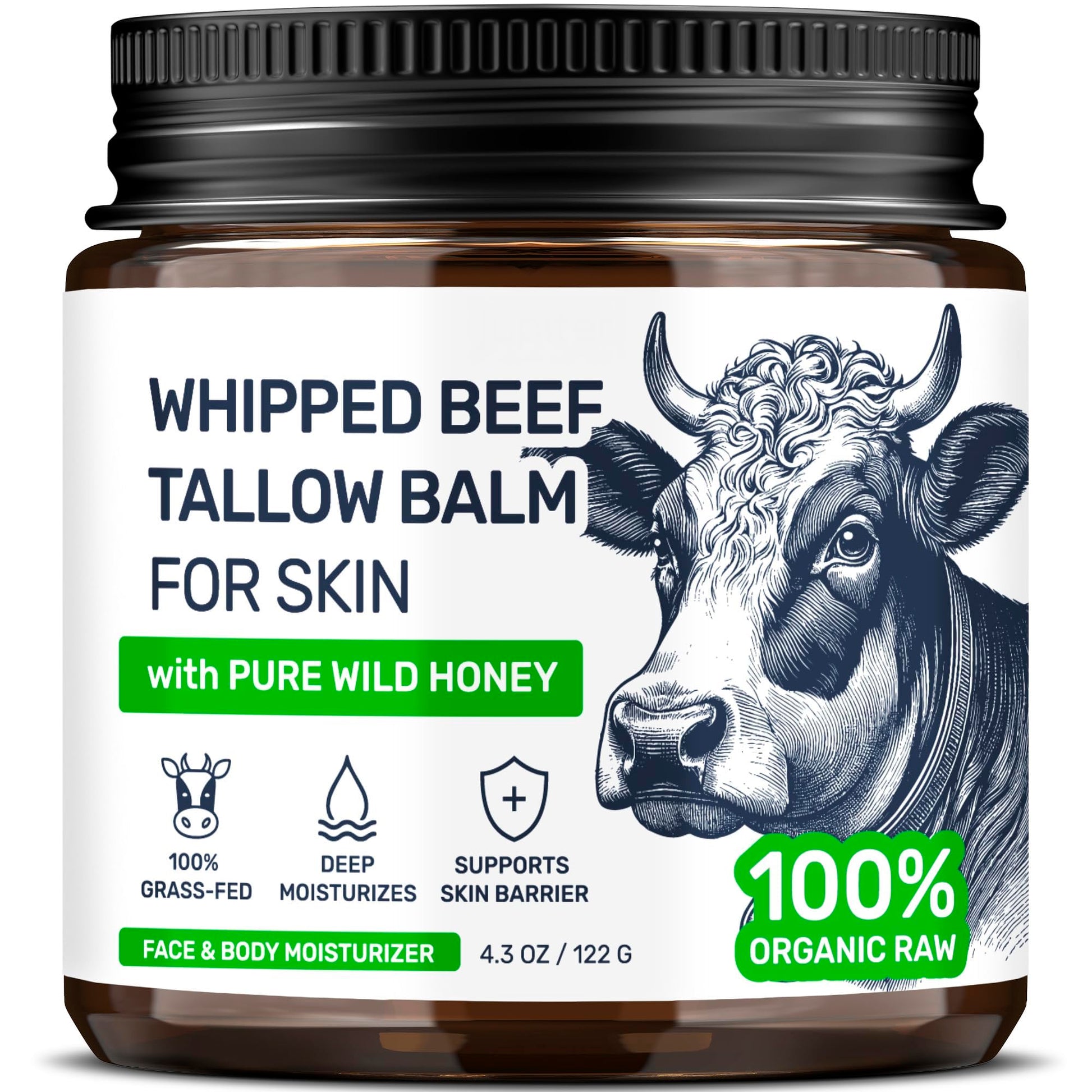 Beef Tallow Face Cream – Grass Fed Whipped Tallow and Honey Balm for Skin, Body Moisturizer with Beeswax and Wild Honey, 3-Ingredient Fragrance Free Non Comedogenic Skincare for Dry Sensitive Skin