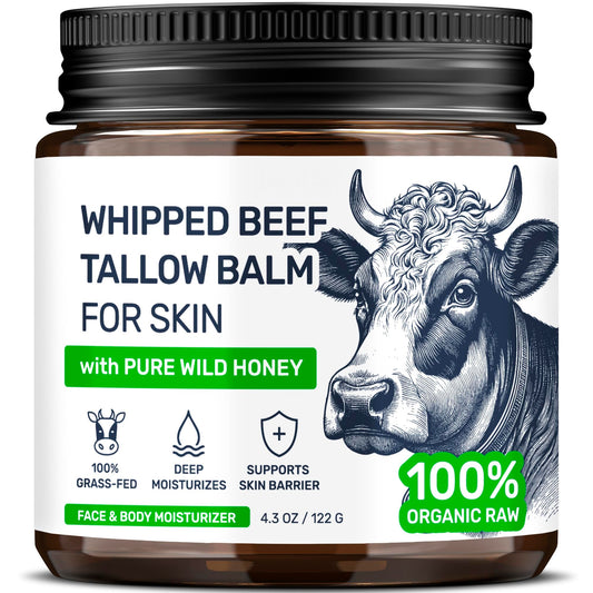 Beef Tallow Face Cream – Grass Fed Whipped Tallow and Honey Balm for Skin, Body Moisturizer with Beeswax and Wild Honey, 3-Ingredient Fragrance Free Non Comedogenic Skincare for Dry Sensitive Skin