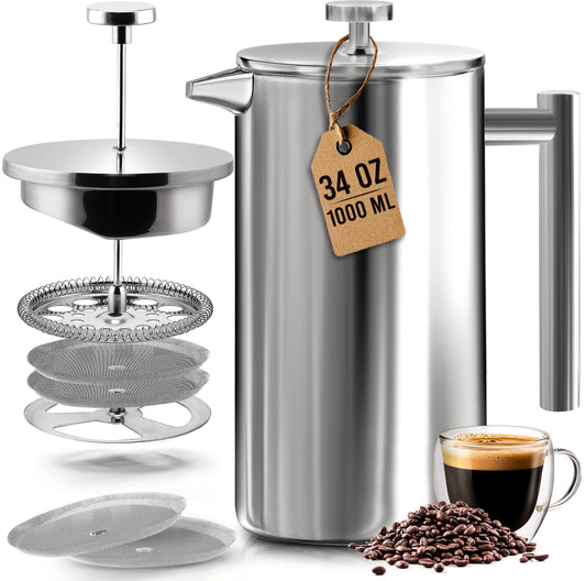 KICHLY 34 OZ French Press, Stainless Steel Double Walled Insulated Coffee Press with Refined Filters, Espresso and Tea Maker - Silver - Available at All In One Marketplace Canada