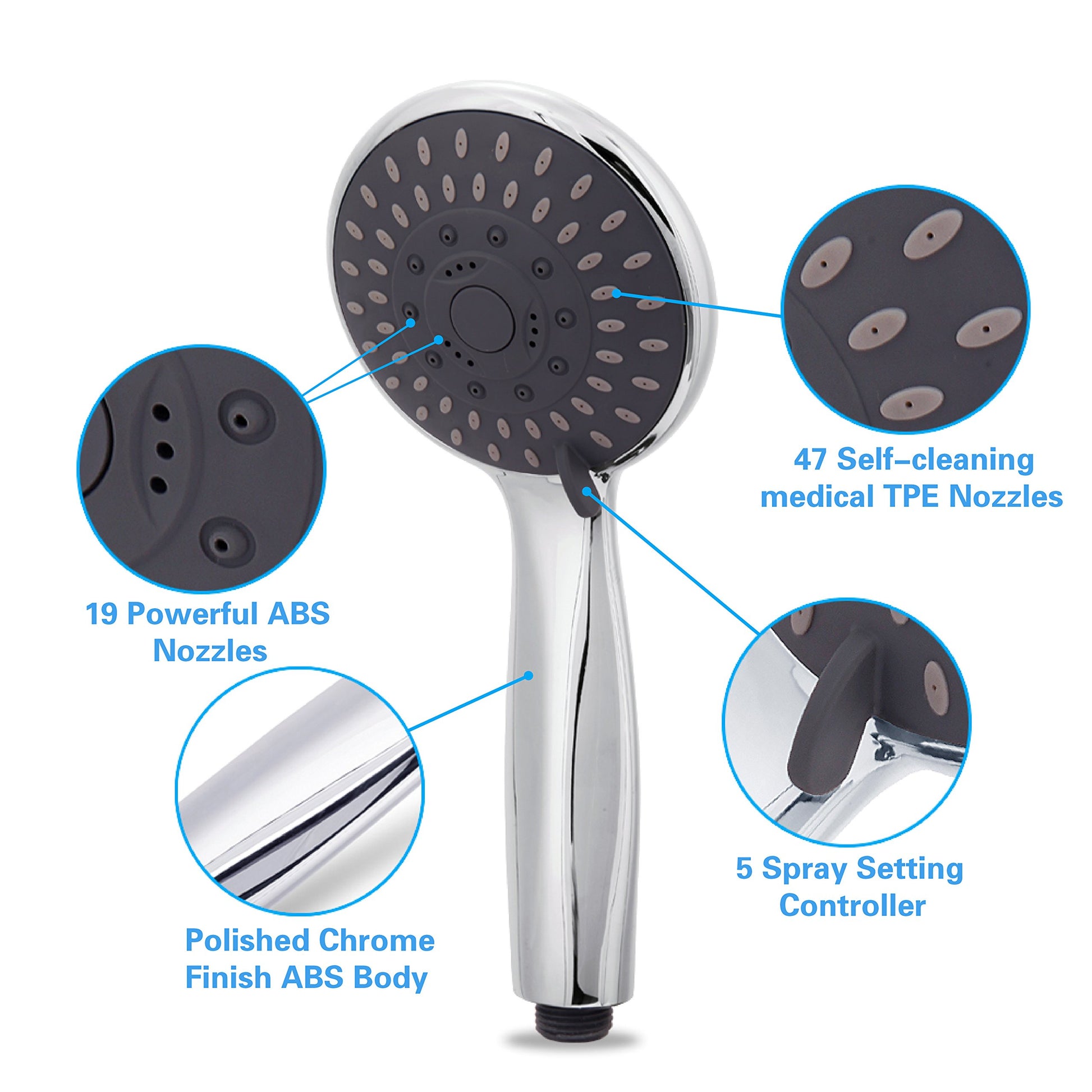 Shower Head, High Pressure Handheld Showerhead with Hose, 5 Settings Chrome Finished Hand Held Rainfall Shower Set- Including Bracket Teflon Washer - Available at All In One Marketplace Canada