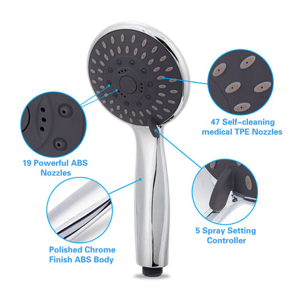 Shower Head, High Pressure Handheld Showerhead with Hose, 5 Settings Chrome Finished Hand Held Rainfall Shower Set- Including Bracket Teflon Washer - Available at All In One Marketplace Canada