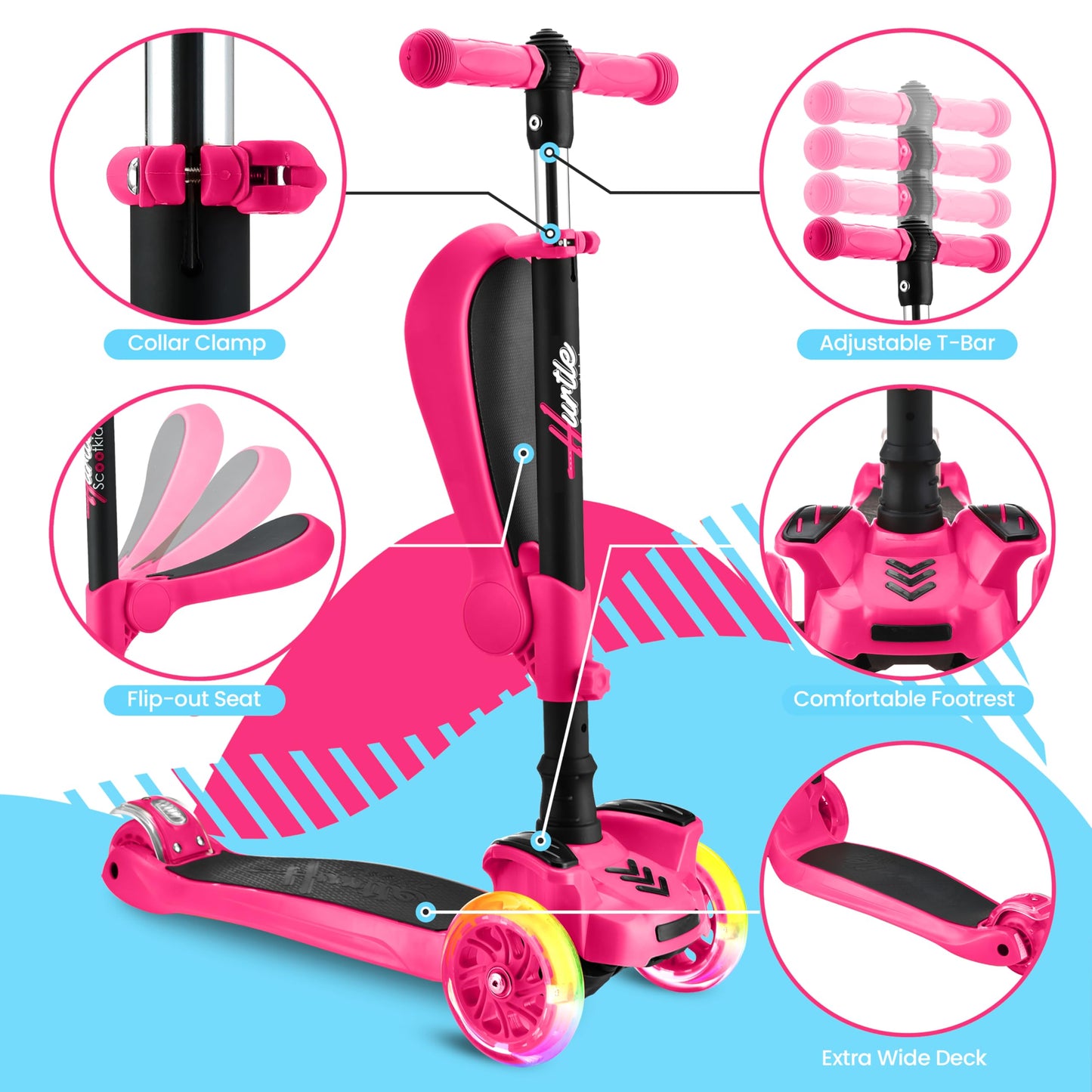 Hurtle - 3 Wheel Foldable Kick Scooter for Kids & Toddlers (Pink CA) Hurtle