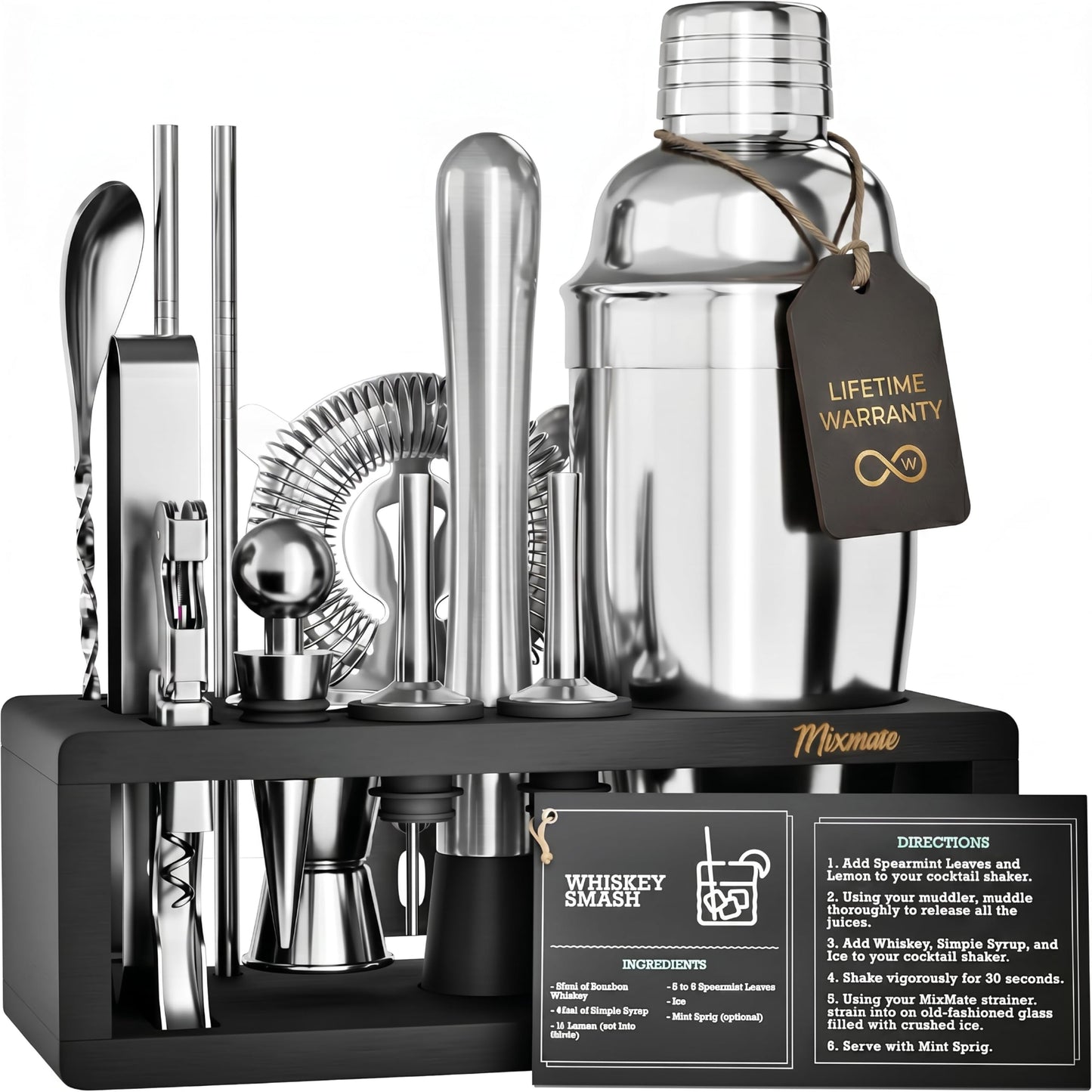 Mixology Bartender Kit with Stand | 15 Piece Bar Tool Set, Silver Bar Set Cocktail Shaker Set for Drink Mixing - Includes Martini Shaker, Jigger, Strainer, Bar Mixer Spoon, Tongs | Gift Idea (Silver) - Available at All In One Marketplace Canada