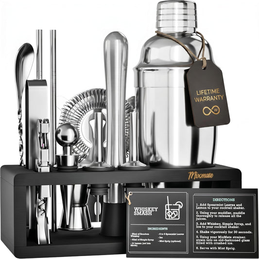 Mixology Bartender Kit with Stand | 15 Piece Bar Tool Set, Silver Bar Set Cocktail Shaker Set for Drink Mixing - Includes Martini Shaker, Jigger, Strainer, Bar Mixer Spoon, Tongs | Gift Idea (Silver) - Available at All In One Marketplace Canada