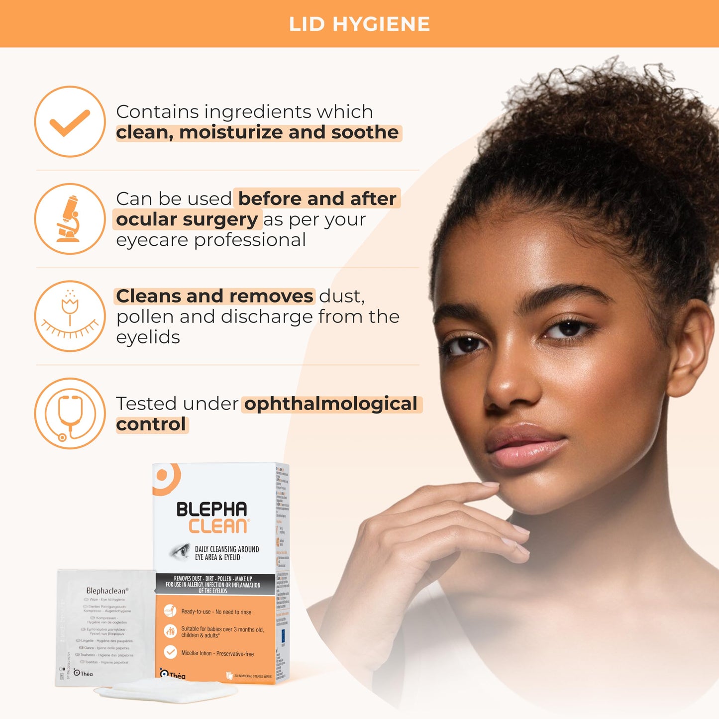 Thea Pharma BlephaClean Lid Wipes - Gentle, Sterile Ready-to-Use for Daily Lid Care, Ideal for those diagnosed with Dry Eye, including MGD & Blepharitis and Infants, Individually Wrapped - 30 Wipes - Available at All In One Marketplace Canada