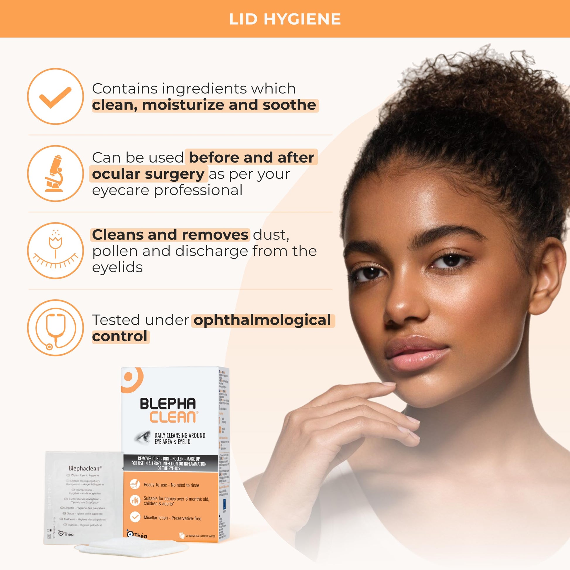 Thea Pharma BlephaClean Lid Wipes - Gentle, Sterile Ready-to-Use for Daily Lid Care, Ideal for those diagnosed with Dry Eye, including MGD & Blepharitis and Infants, Individually Wrapped - 30 Wipes - Available at All In One Marketplace Canada