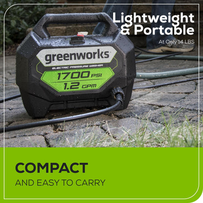 Greenworks 1700 PSI 1.2-Gallon-GPM 13 Amp Cold Water Electric Pressure Washer, GPW1704 Greenworks
