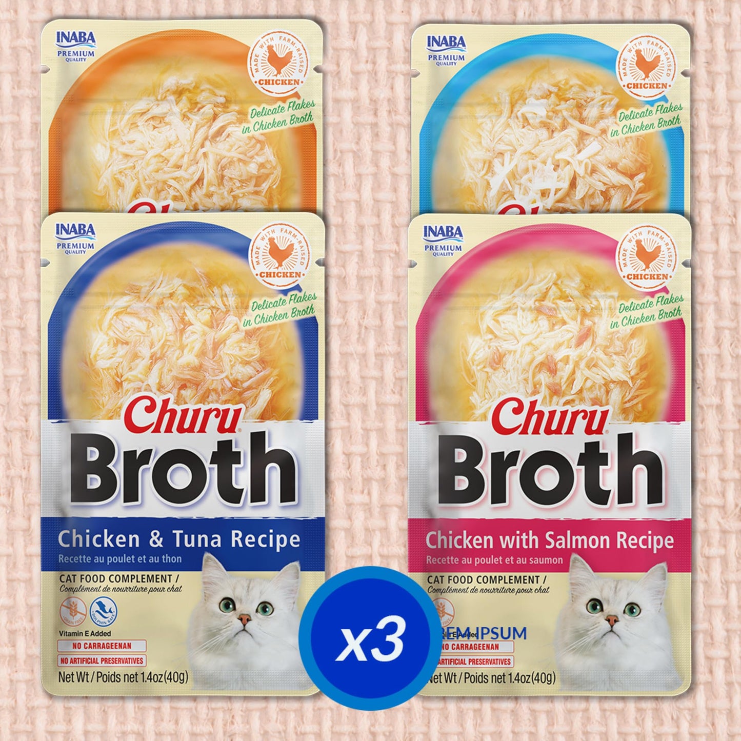 INABA Churu Broth for Cats, Side Dish Pouch, 39 Grams per Pouch, 12 Pouches, Chicken & Seafood Variety