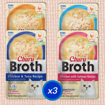 INABA Churu Broth for Cats, Side Dish Pouch, 39 Grams per Pouch, 12 Pouches, Chicken & Seafood Variety