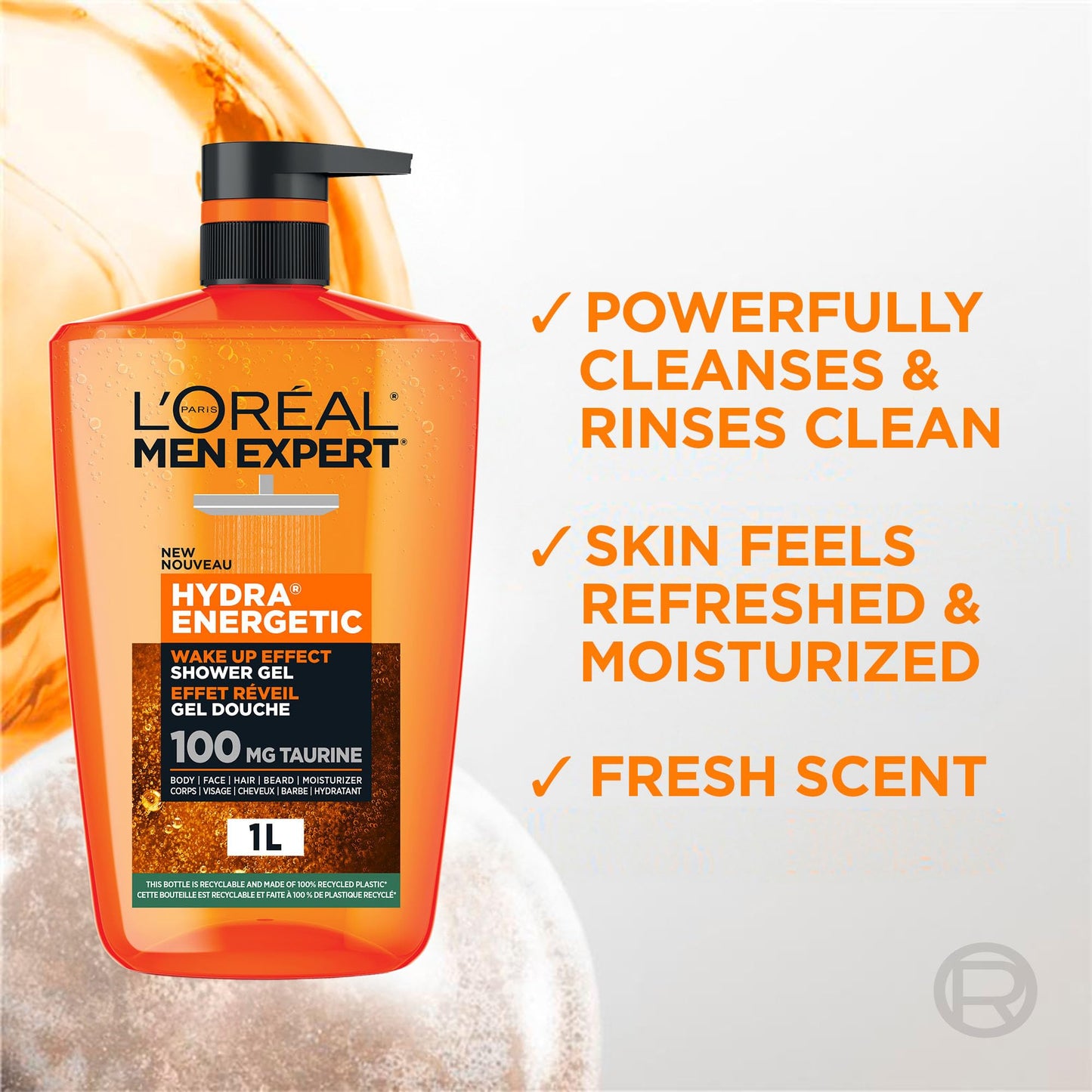 L'Oréal Paris Men Expert Hydra Energetic XXXL Shower Gel, Men's Taurine Body Wash for Body, Face, Hair & Beard, Energizing & Wake Up Effect, 1 Litre