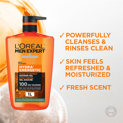 L'Oréal Paris Men Expert Hydra Energetic XXXL Shower Gel, Men's Taurine Body Wash for Body, Face, Hair & Beard, Energizing & Wake Up Effect, 1 Litre