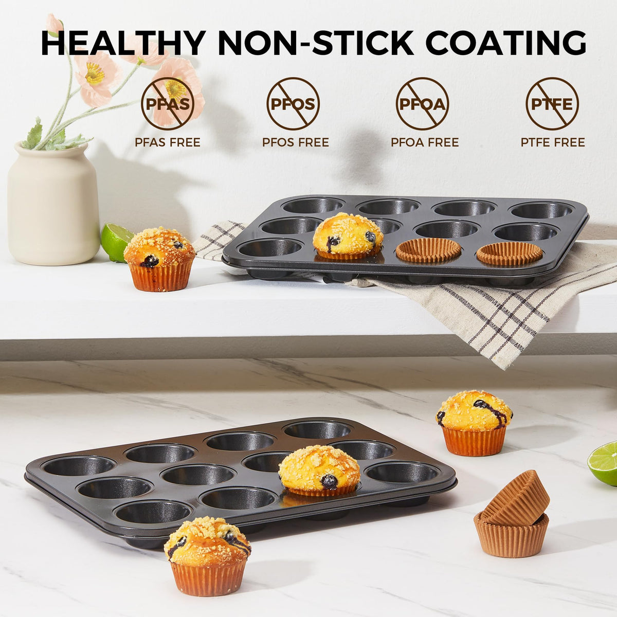 HONGBAKE Muffin Pan for Baking, Nonstick Cupcake Tin 12 Cup, 2 Pack Cup Cake Tray, Premium & Dishwasher Safe - Dark Grey 🍁 All In One Marketplace Canada