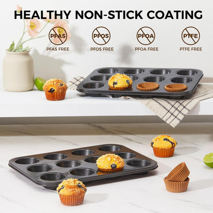 HONGBAKE Muffin Pan for Baking, Nonstick Cupcake Tin 12 Cup, 2 Pack Cup Cake Tray, Premium & Dishwasher Safe - Dark Grey 🍁 All In One Marketplace Canada