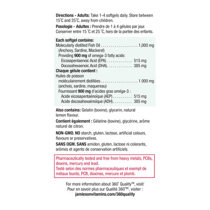 Jamieson Ultra-Strength Omega-3 900 mg, No Fishy Aftertaste, Supports Heart, Brain, and Eye Health, Arthritis Support. High Potency, with EPA and DHA, Non-GMO, Gluten-Free, 75 Softgels, Proudly Canadian - Available at All In One Marketplace Canada