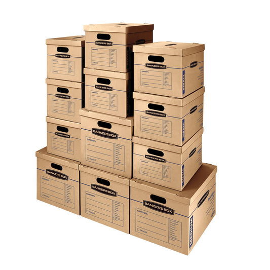Bankers Box SmoothMove Classic Moving Kit Boxes, Tape-Free Assembly, Easy Carry Handles, 8 Small 4 Medium, 12 Pack(7716403)
