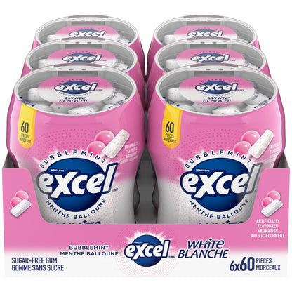 EXCEL White, Bubblemint Flavoured Sugar Free Chewing Gum, 60 Pieces, 6 Bottles - Available at All In One Marketplace Canada