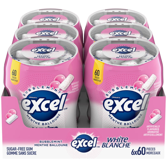 EXCEL White, Bubblemint Flavoured Sugar Free Chewing Gum, 60 Pieces, 6 Bottles - Available at All In One Marketplace Canada
