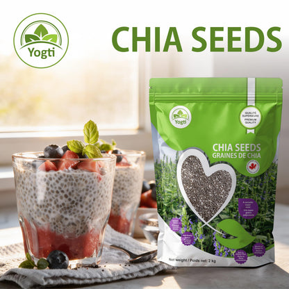 Yogti Black Chia Seeds - Jumbo Pack 2 Kilo, Raw Plant Based SuperFood, Natural, Keto Friendly, Kosher, Halal, Vegan, Source of Omega-3, Nutrient Dense, High Fiber, Rich in Magnesium, A Versatile Superseed for Smoothies, Baking, Salads, and Chia Pudding, R Yogti