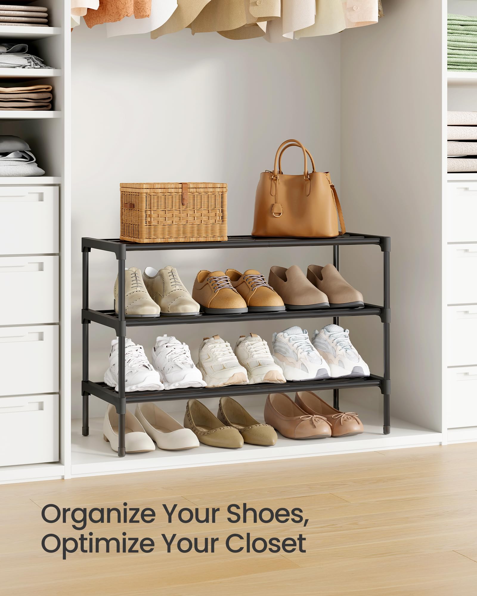 SONGMICS 3-Tier Shoe Rack for Closet, Compact Metal Shoe Organizer Shelf for Entryway, Bedroom, Small Spaces, Stackable, 11.8 x 24.5 x 19.1 Inches, Black ULSA123BH01 - Available at All In One Marketplace Canada