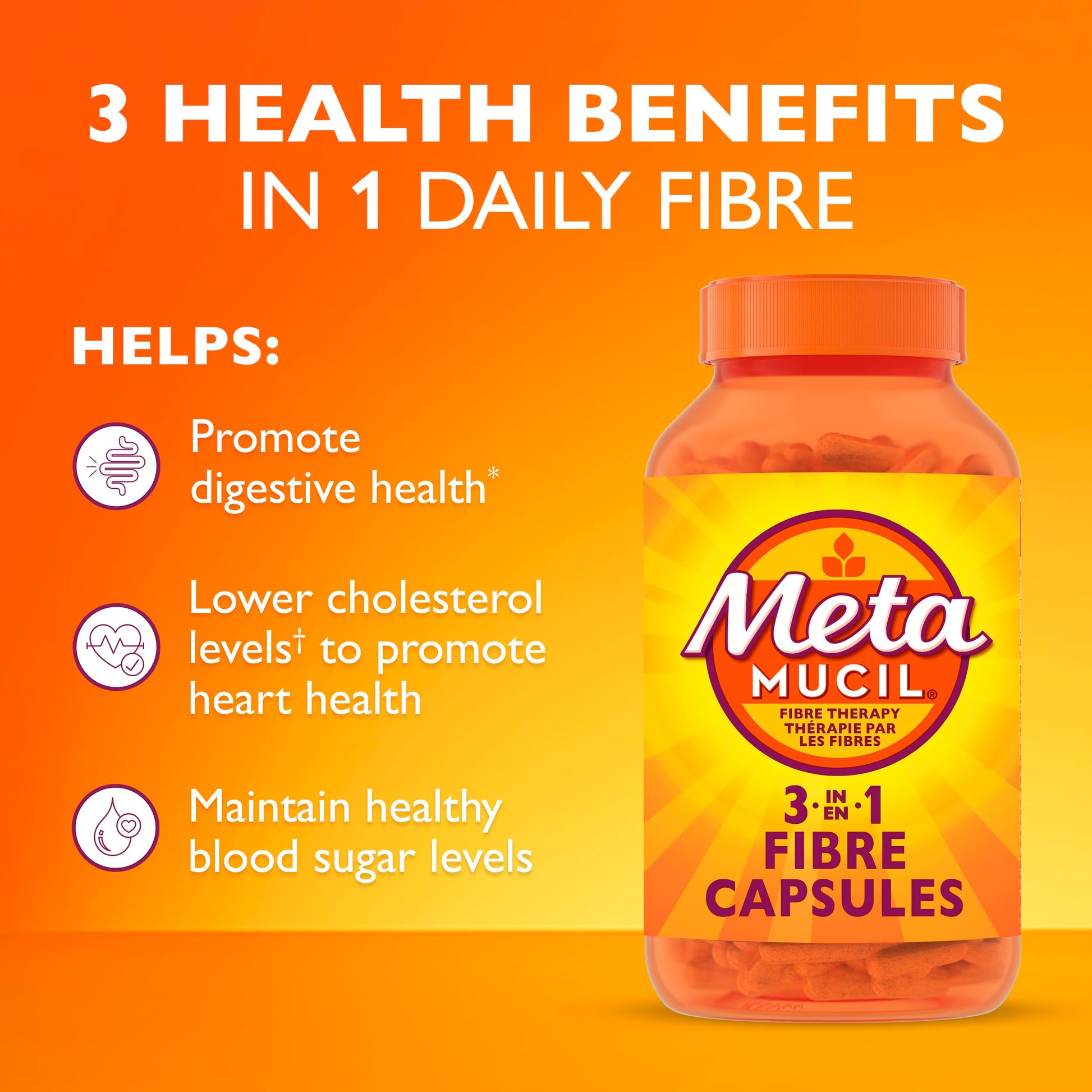 Metamucil Daily Fibre Supplement, Sugar Free, Naturally Sourced Psyllium Husk, Multi-Health Benefit Daily, Plant-Based, Gluten-Free Capsules, 100 Capsules