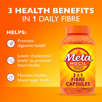 Metamucil Daily Fibre Supplement, Sugar Free, Naturally Sourced Psyllium Husk, Multi-Health Benefit Daily, Plant-Based, Gluten-Free Capsules, 100 Capsules
