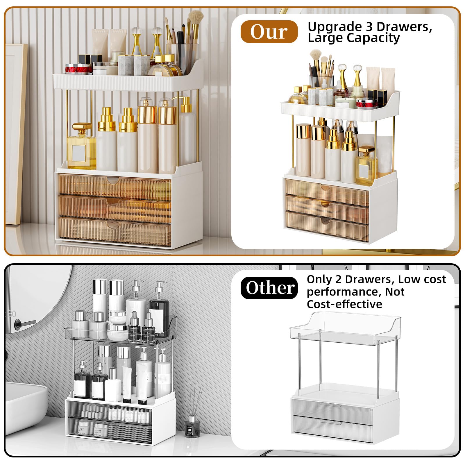 StorBin 3 Large Drawers Makeup Organizer - 5 Tier Bathroom Counter Organizers and Storage, Versatile Perfume Vanity Organizer, Ideal for Cosmetic, Large Skincare, Face Mask, Office Supplies, Amber - Available at All In One Marketplace Canada