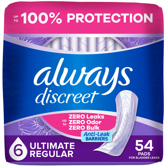 Always Discreet Adult Incontinence Pads for Women, Ultimate Absorbency, Long Length, Postpartum Pads, 54 Count