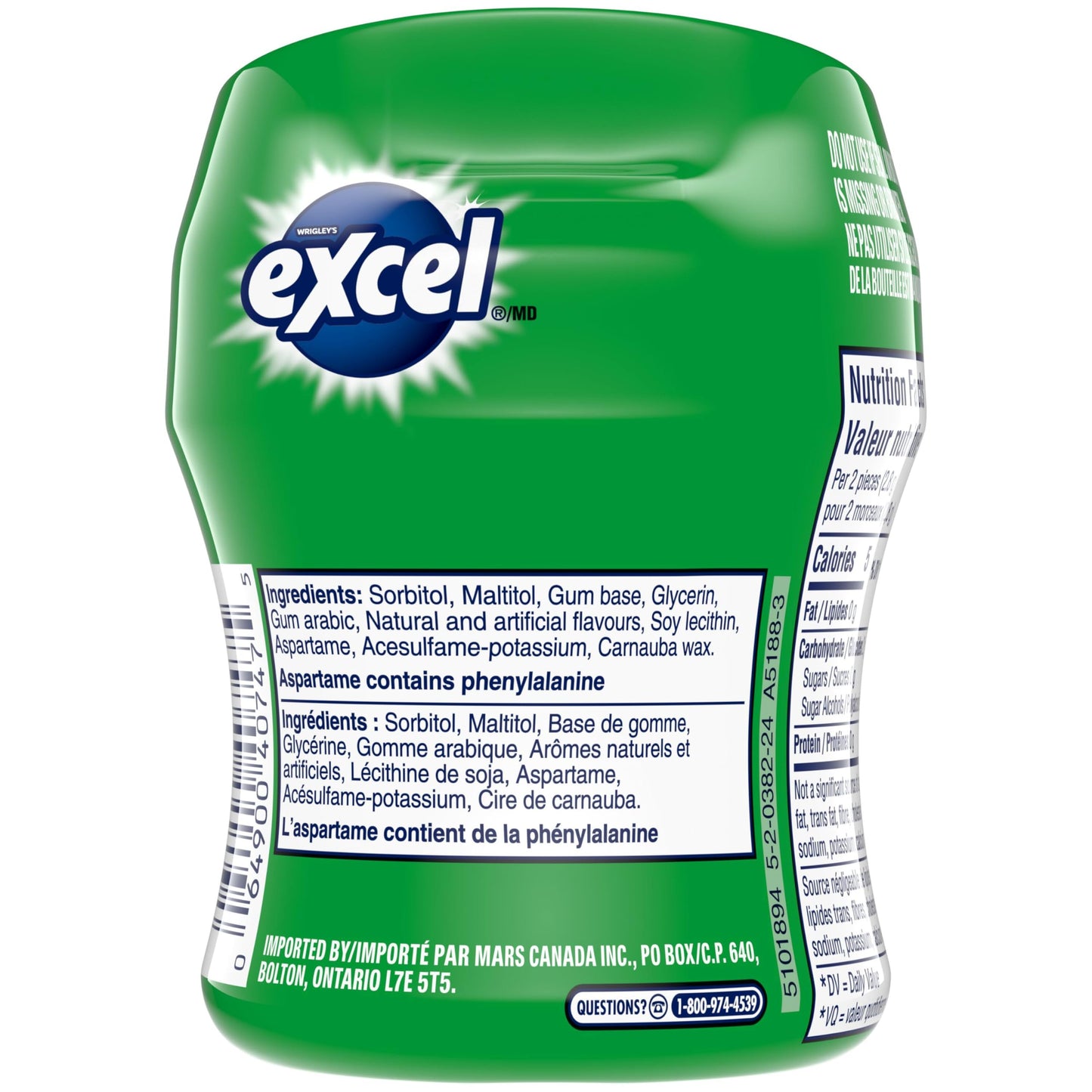 EXCEL, Spearmint Flavoured Sugar Free Chewing Gum, 60 Pieces, 6 Bottles