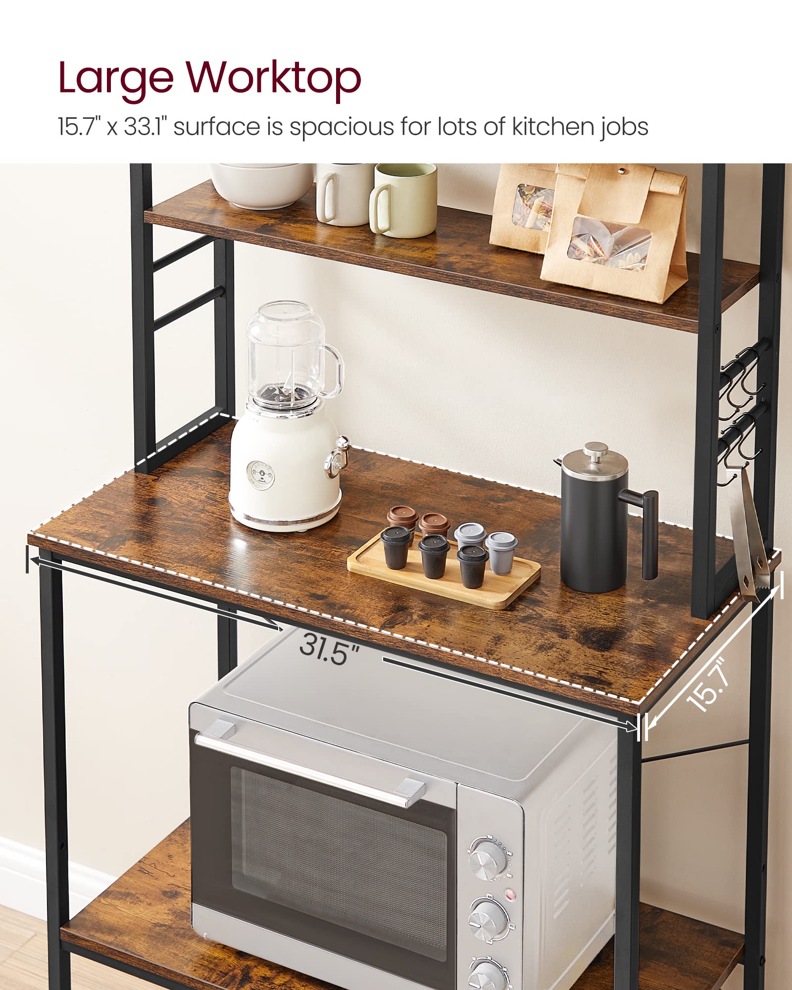 VASAGLE Coffee Bar, Baker’s Rack for Kitchen with Storage, 6-Tier Kitchen Shelves with 6 Hooks, Microwave Stand, Industrial, 15.7 x 31.5 x 65.7 Inches, Rustic Brown and Black UKKS019B01 VASAGLE