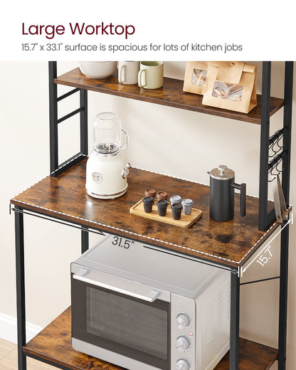 VASAGLE Coffee Bar, Baker’s Rack for Kitchen with Storage, 6-Tier Kitchen Shelves with 6 Hooks, Microwave Stand, Industrial, 15.7 x 31.5 x 65.7 Inches, Rustic Brown and Black UKKS019B01 VASAGLE