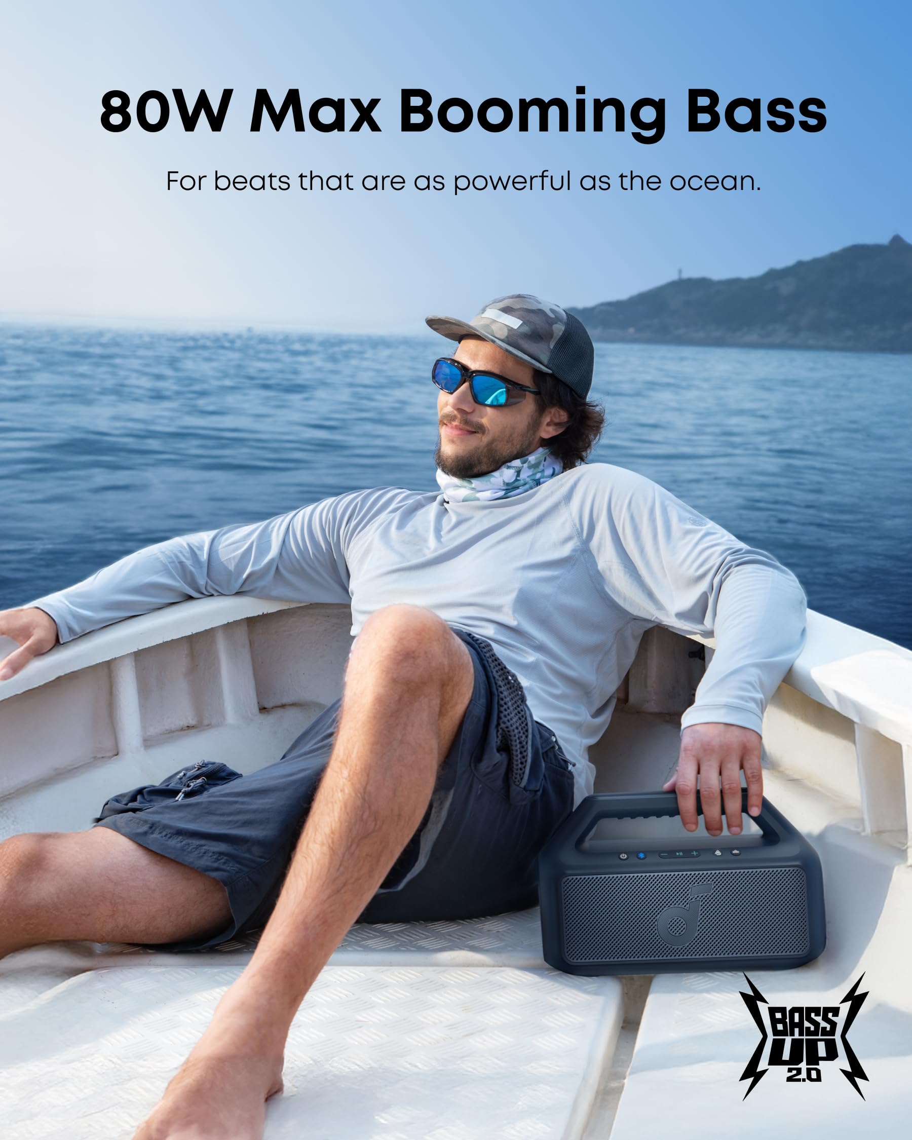 soundcore Boom 2 Outdoor Speaker, 80W, Subwoofer, BassUp 2.0, 24H Playtime, IPX7 Waterproof, Floatable, RGB Lights, USB-C, Custom EQ, Bluetooth 6.0, Portable, Camping, Beach, and Backyard-Blue