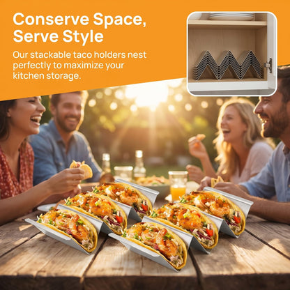 Bekith Stainless Steel Taco Holder Stand 6 Pack, Taco Holder Stand Tray with Handles, Up to 3 Tacos Each Keeping Shells Upright, Stylish Taco Shell Holders, Oven, Grill and Dishwasher Safe - Available at All In One Marketplace Canada
