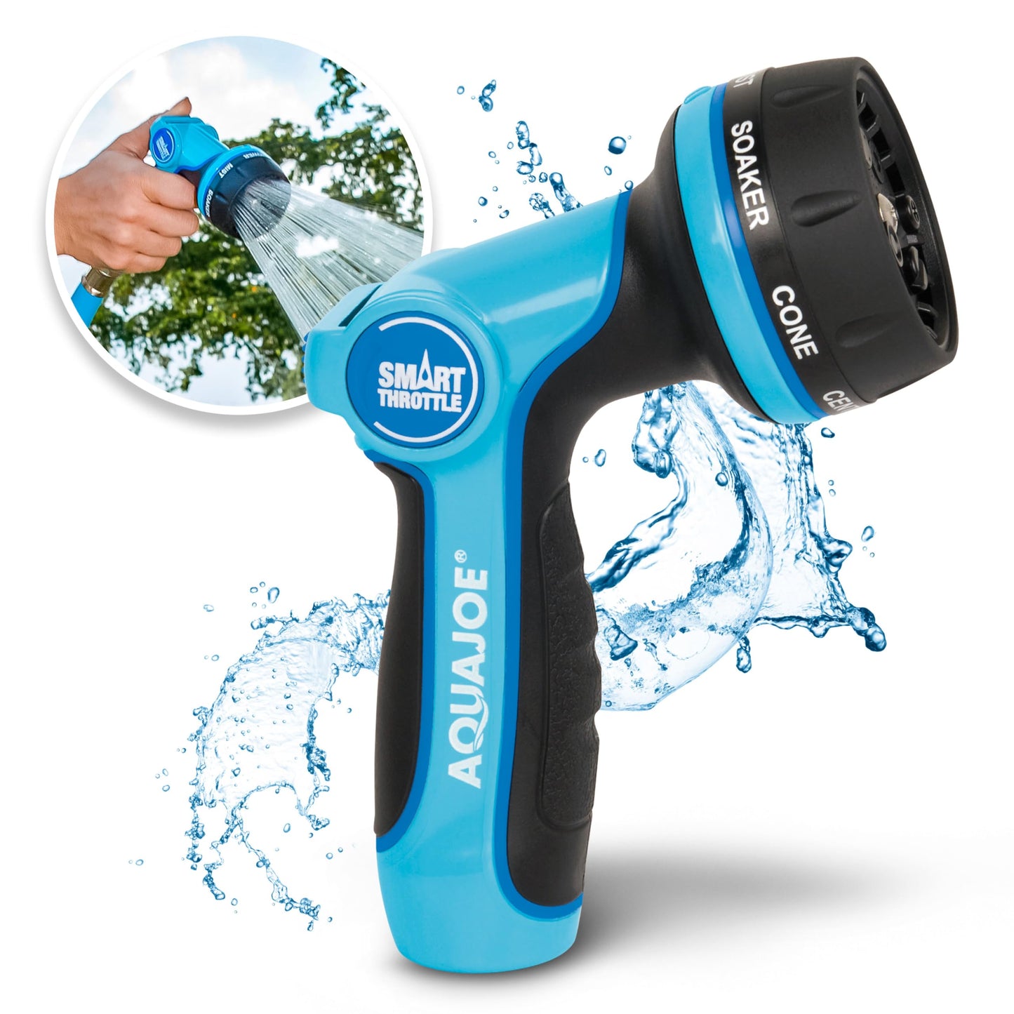 Aqua Joe AJHN102 Heavy Duty Indestructible Metal Multi Function Adjustable Hose Nozzle with Smart Throttle, Blue Aqua Joe