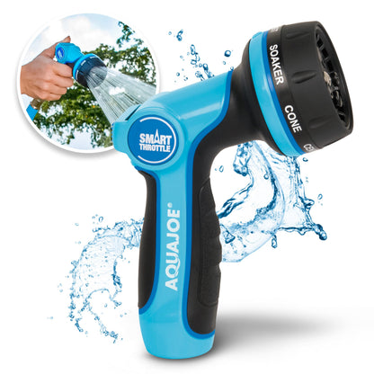 Aqua Joe AJHN102 Heavy Duty Indestructible Metal Multi Function Adjustable Hose Nozzle with Smart Throttle, Blue Aqua Joe