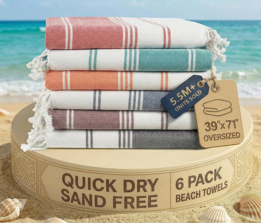 Lane Linen Beach Towels 6 Pack, Oversized Beach Towel, Pre-Washed Large Beach Towel, Stylish Pool Towels for Adults, Quick Dry Beach Towel, Lightweight Travel Towel, 39"x71" - Multi Colors