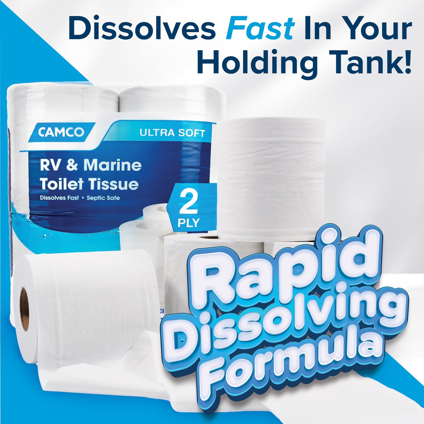 Camco Camper/RV Toilet Paper — 2-Ply — Septic Safe — Dissolves Fast — Dye & Fragrance Free — 16-Rolls (500 Sheets Per Roll) (40282) - Available at All In One Marketplace Canada