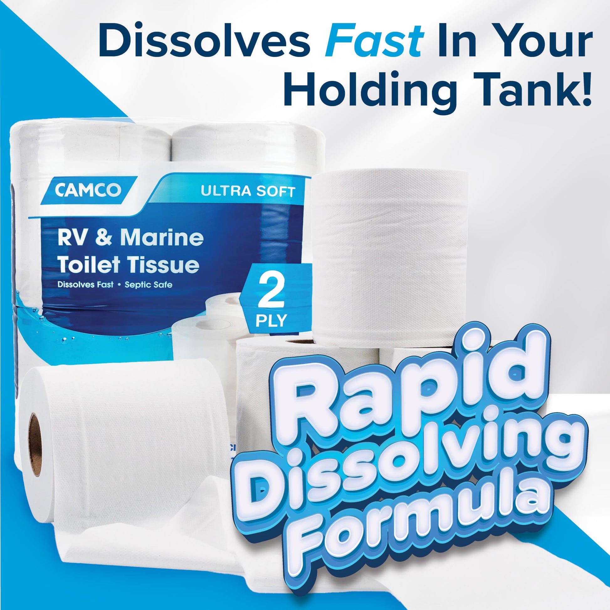 Camco Camper/RV Toilet Paper — 2-Ply — Septic Safe — Dissolves Fast — Dye & Fragrance Free — 16-Rolls (500 Sheets Per Roll) (40282) - Available at All In One Marketplace Canada
