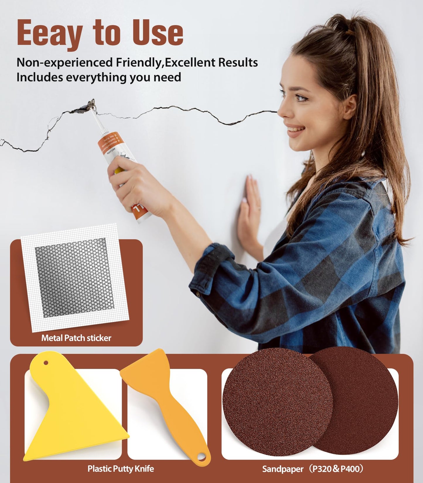Drywall Repair Kit, Spackle, Wall Hole Filler, 2 Pack Spackling with Putty Knife, Patch, Sandpaper, Small Wall Hole Repair Project for Walls, Plasterboard, Ceilings, Apartments Indoor Outdoor